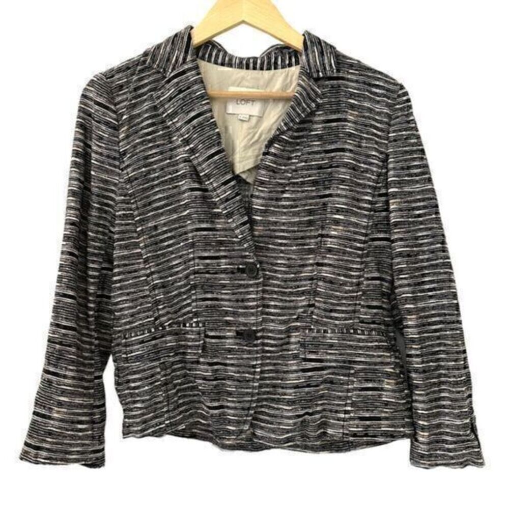Ann Taylor Loft Black and White Striped 100% Linen 2 Button Blazer Size 6